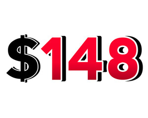 Bold red number $148 dollars  sign in a 3D style, featuring white and black outlines, creating a shadow effect on transparent background.