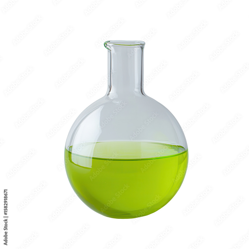 Poster boiling flask concept. glass round bottom flask with bright green liquid, isolated on transparency b