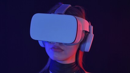 Woman Experiencing Immersive Virtual Reality With Headset
