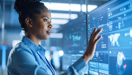 A woman interacts with large interactive displays