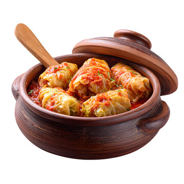 Romanian sarmale cabbage rolls with tomato sauce in a ceramic pot with wooden fork, isolated on a white background