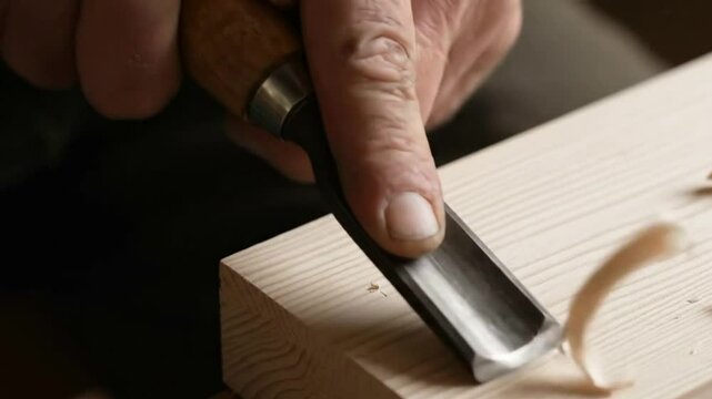 A hand using a gouge on lightcolored wood with shavings nearby