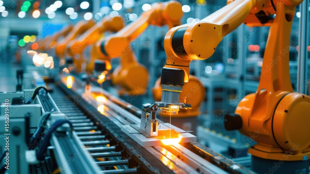 Poster automated production line with artificial intelligence control systems stock photo --ar 16:9 --raw -
