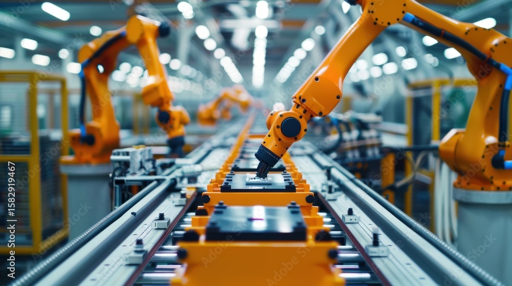 Poster automated production line with artificial intelligence control systems stock photo --ar 16:9 --raw -
