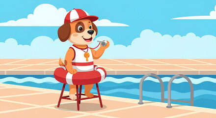 A cartoon dog lifeguard wearing a hat and holding a whistle, sitting by a pool.
