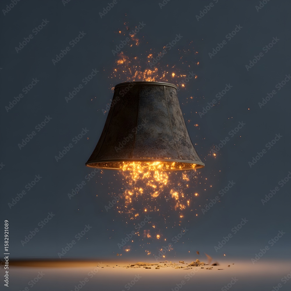 Poster a glowing, metallic lamp floating above a smooth surface, surrounded by sparkling particles in a dar