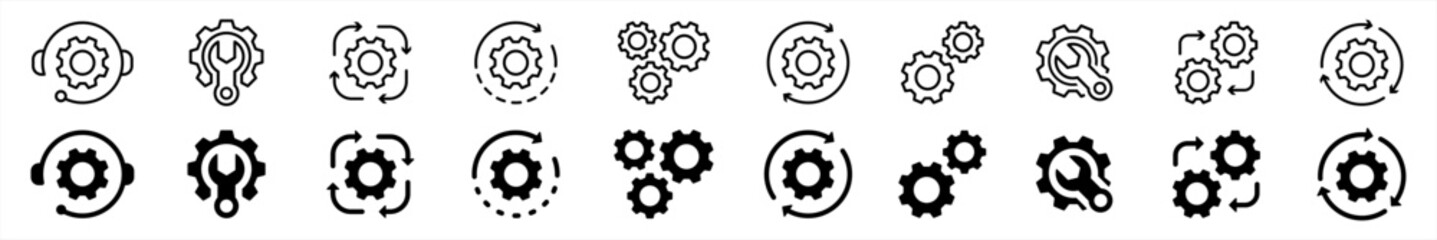 Cogwheel and setting icons collection line style. Manufacturing symbol. Containing Operation, process, Service, Cog wheel, Gear wheel, tool, maintenance, repair, wrench signs vector illustration.
