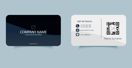 Elegant dark blue business card template with curved shapes, QR code, contact icons, and modern layout. Suitable for corporate branding and professional identity.