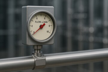 Close up of a flow meter gauge attached to a metal pipe with a blurred industrial background