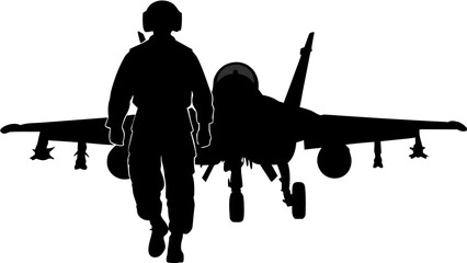 Silhouette of a pilot walking in front of a fighter jet with missiles under the wings on a white background