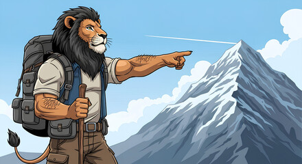 Cartoon lion hiker with backpack and walking stick pointing towards a snow-capped mountain peak under a blue sky.