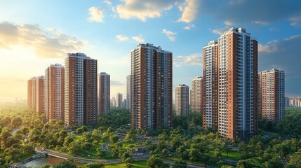 Fototapeta premium Modern residential towers cityscape at sunset