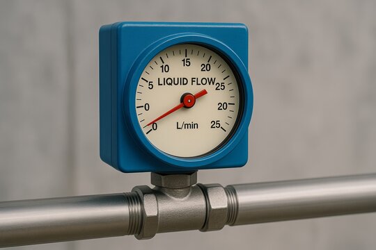 Blue liquid flow meter gauge attached to metal pipe with numerical scale
