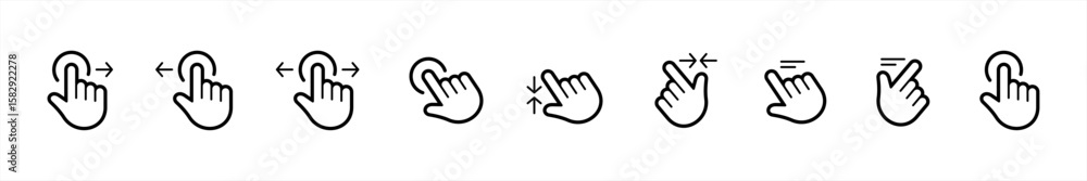 Poster hand click icons collection line style. hand gesture symbol. arrow, finger, swipe, drag, pointer and