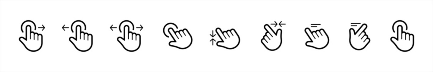 Hand click icons collection line style. Hand gesture symbol. arrow, finger, swipe, drag, Pointer and click action buttons signs vector illustration
