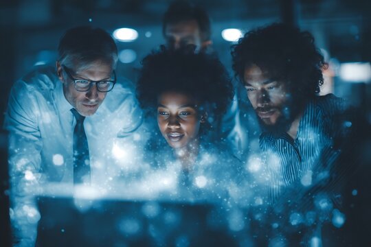 Business team analyzing data on computer screen in dark office