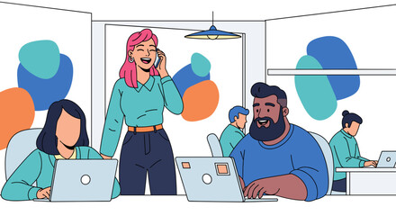 Flat design illustration of a diverse team of coworkers collaborating in a modern and vibrant office setting, perfect for corporate presentations, website banners, and marketing materials.