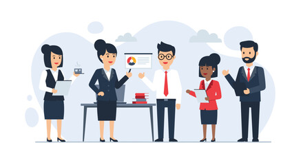 A team of diverse business professionals in a modern office setting collaborating on a presentation, suitable for a corporate website landing page or marketing materials.
