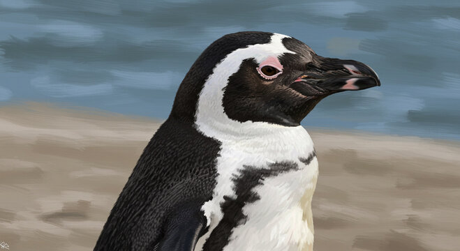 Captivating portrait of an african penguin, meticulously hand-painted displaying wildlife charm and painterly skill amidst a soft pastel background