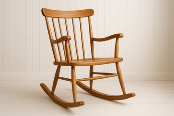 A warm toned wooden rocking chair with a spindle back stands on a light wooden floor
