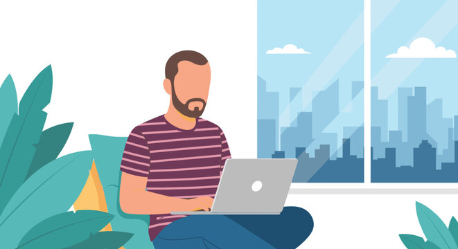 Modern flat design illustration of a man working on a laptop from a comfortable home office with a city view, perfect for web. - Powered by Adobe