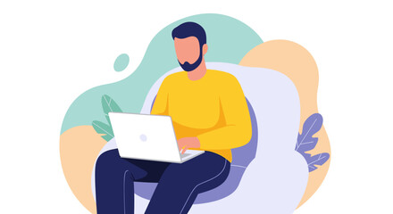 A modern flat design illustration depicts a bearded man sitting comfortably on a chair, diligently working on his laptop, ideal for web and business concepts.