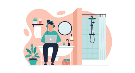 A person with headphones works on a laptop while sitting on a bathtub in a modern flat design bathroom, illustrating remote work flexibility.