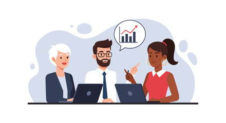 Three diverse business professionals collaborate on a project, analyzing growth data in a modern flat design illustration for corporate marketing and web content.