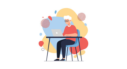 A flat design illustration depicts a senior person working on a laptop at a desk, set against a backdrop of colorful abstract shapes, ideal for marketing and web design projects.