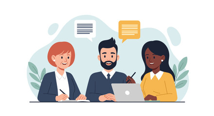 Diverse team collaborating on a business project, discussing ideas with speech bubbles, suitable for web design and presentations.