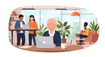 Diverse team members collaborate in a modern, plant-filled office, working on laptops for presentations, marketing materials, and website design, creating a vibrant and productive environment.