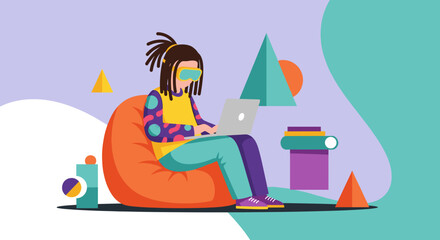 Stylish young man working on laptop, sitting on beanbag chair, surrounded by vibrant geometric shapes and design elements, perfect for website banners, landing pages, and marketing presentations.