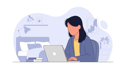 Modern flat design illustration of a person working on a laptop in a home office, perfect for web design and marketing materials.
