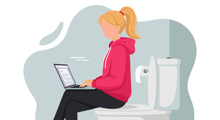 Flat design illustration of a woman working on her laptop while sitting on a toilet, perfect for website banners, landing pages, marketing materials, and presentations.