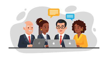 Diverse business team collaborating on laptops, sharing ideas with speech bubbles in a modern, flat design suitable for corporate presentations and website banners.