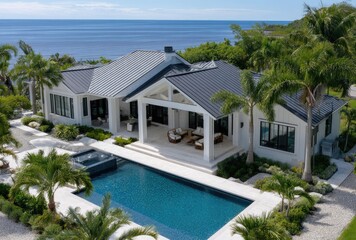 A bird's eye view of an entire modern two-story house with a grey metal roof