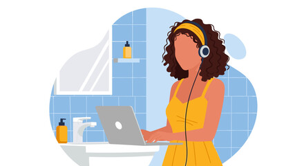 Illustration of a woman with headphones using a laptop in a bathroom setting, ideal for marketing materials or a landing page promoting remote work solutions.