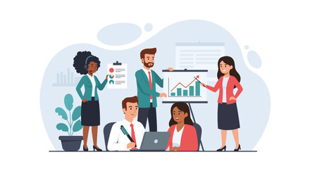 Diverse team collaborates on a business presentation, analyzing growth charts for corporate strategy and marketing success.