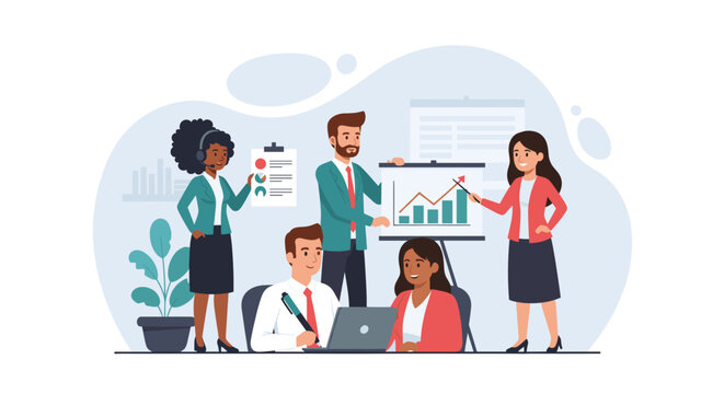 Diverse team collaborates on a business presentation, analyzing growth charts for corporate strategy and marketing success. - Powered by Adobe