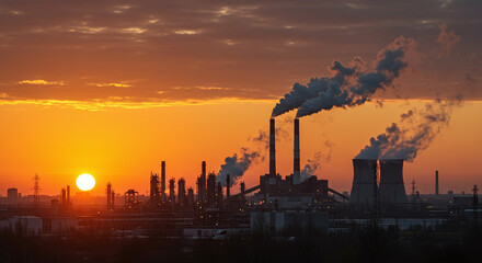 Oil Refinery at Sunset: Industrial Landscape with Smoking Chimneys.  Dramatic Orange Sky, Pollution Concept.  Industrial Energy and Environmental Impact. Pollution Concept