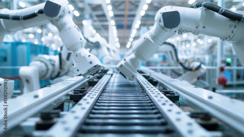 Aufkleber ai-powered machines working in an automated assembly line stock photo --ar 16:9 --raw --v 6 job id: 