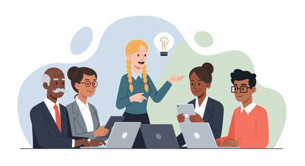Diverse business team brainstorming ideas during a corporate meeting, using laptops and tablets for a presentation or web design project. Flat design style illustration perfect for landing pages,
