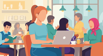 Modern illustration of diverse people working and socializing in a trendy cafe, ideal for landing pages, banners, marketing presentations, and website design projects, showcasing flat design style