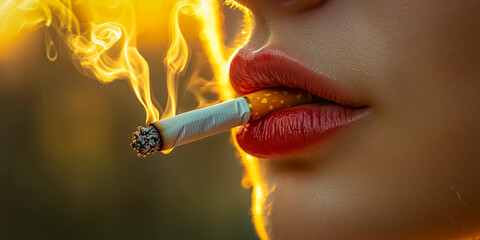 Close-up of a young woman smoking a cigarette with smoke swirling around - concept of tobacco addiction and its harmful impact on health