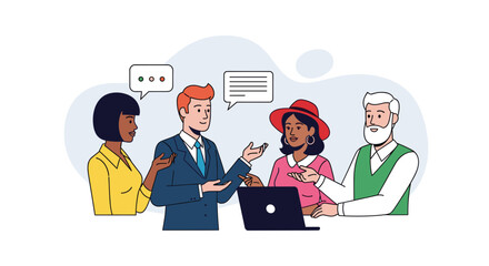 Diverse business team collaborates on a project using a laptop, showcasing modern corporate teamwork and communication in a flat design style, ideal for presentations, websites, and marketing