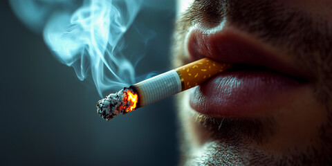 Close-up of a young man smoking a cigarette with smoke swirling around - concept of tobacco addiction and its harmful impact on health