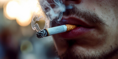 Close-up of a young man smoking a cigarette with smoke swirling around - concept of tobacco addiction and its harmful impact on health