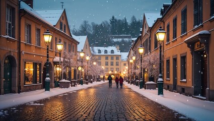Immerse yourself in the enchanting winter street scene with snow and warm lights, perfect for holiday and travel projects