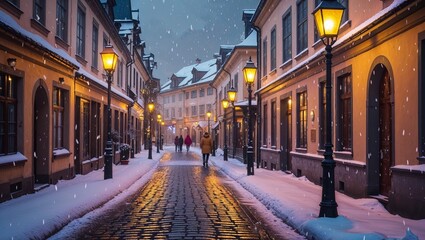 Obraz premium Immerse yourself in the enchanting winter street scene with snow and warm lights, perfect for holiday and travel projects