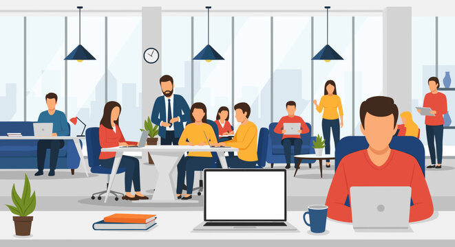 A vibrant flat design illustration depicts a modern open-plan office where diverse professionals collaborate and work on various digital tasks.